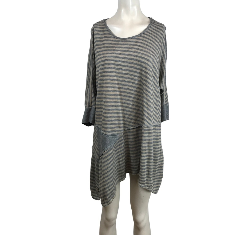 Neon Buddha Striped Asymmetrical Tunic Top Gray‎ Tan XS Lagenlook 3/4 Sleeve